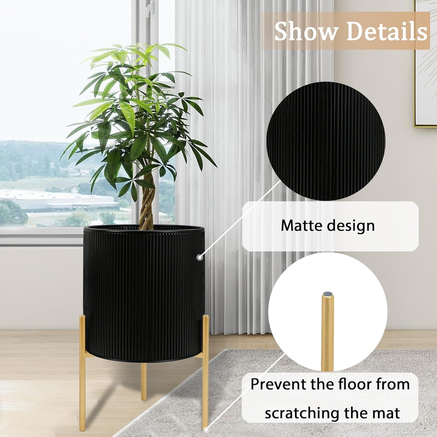 ARNIS Modern Plant Pots, Set of 2 Round Large Planters with Stand, Large Size Metal Pots with Drainage Holes for Living Room, Office, Garden or Balcony, 10.5 &12.25 Inch, Black & Gold