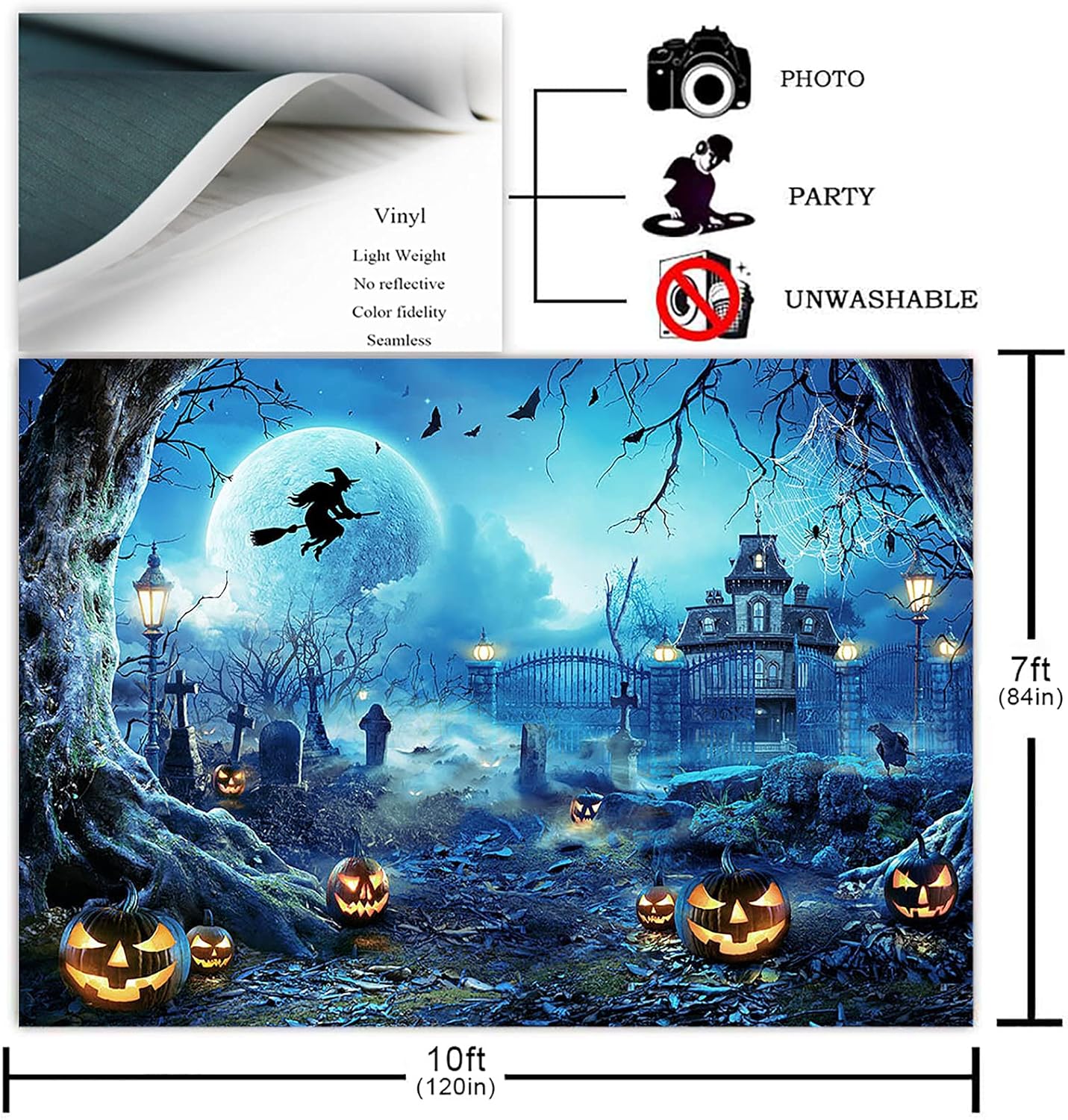 Avezano Halloween Photography Backdrop Full Moon Scary Night Castle Pumpkins Party Background Spooky Witch Bats Cemetery Child Kids Halloween Party Decorations Photoshoot Backdrops (10x7ft, Blue)