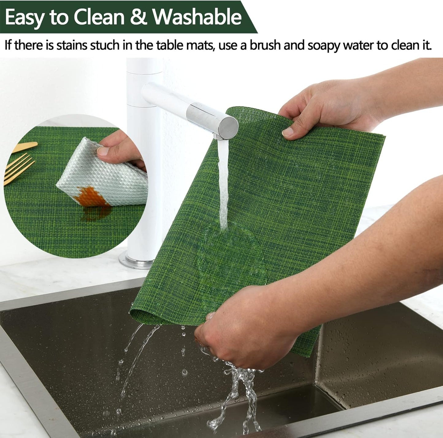 Green Placemats Set of 8 - Wipe Clean Vinyl Placemats - Washable Heat Resistant PVC Placemats for Dining Table - 17x12 Inch (Green, 8)