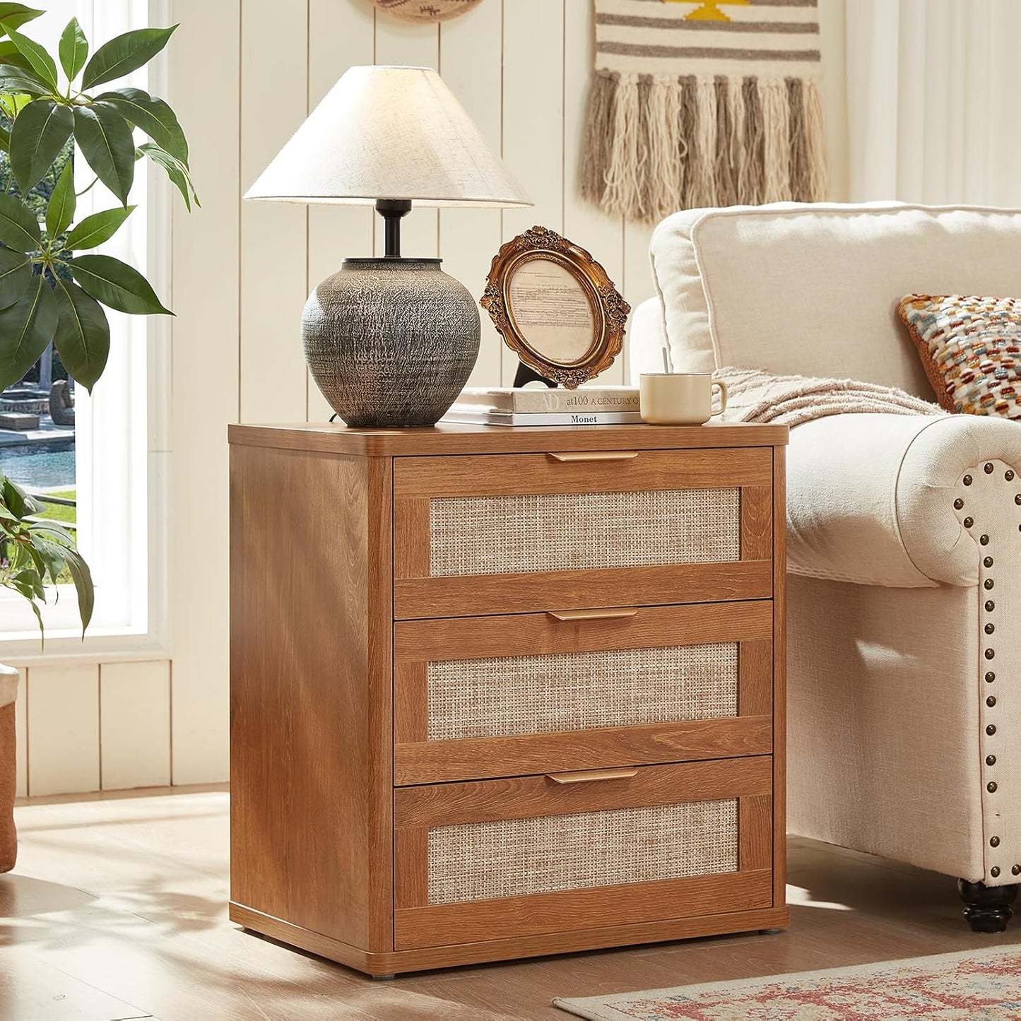 LEYAOYAO Boho Rattan Coffee Table and End Table Sets, 48" Wide Center Tables & 23" Night Stand with 3 Drawers, Brown Wood Coffee Table for Living Room 2 Piece Set