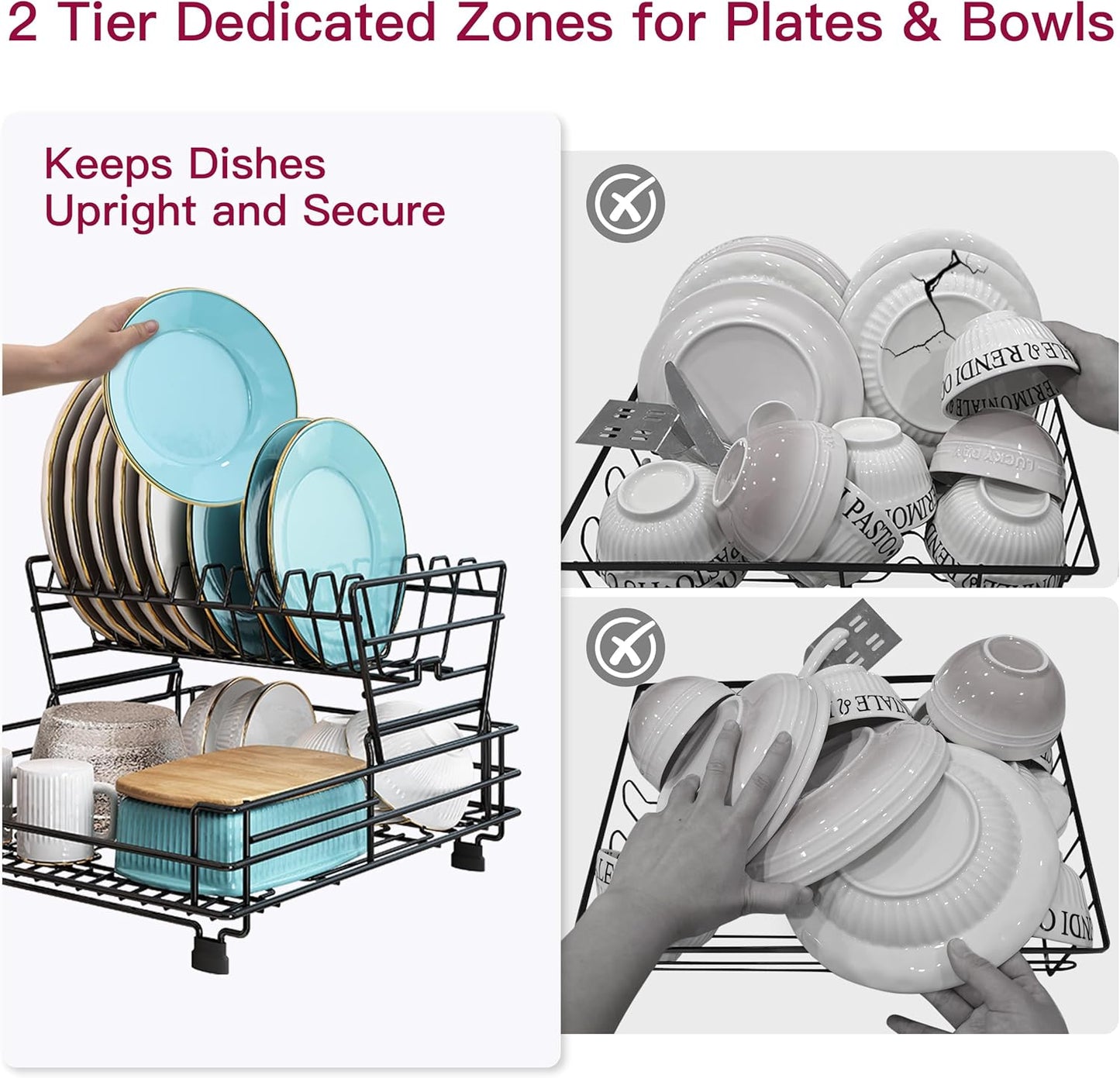 BOOSINY 2 Tier Black Large Stainless Steel Dish Drainers Drying Rack for Kitchen Counter with Drainboard, Rust Proof Metal, Space Saving, Modern Aesthetic, Compact Plates Strainers with Extra Mat