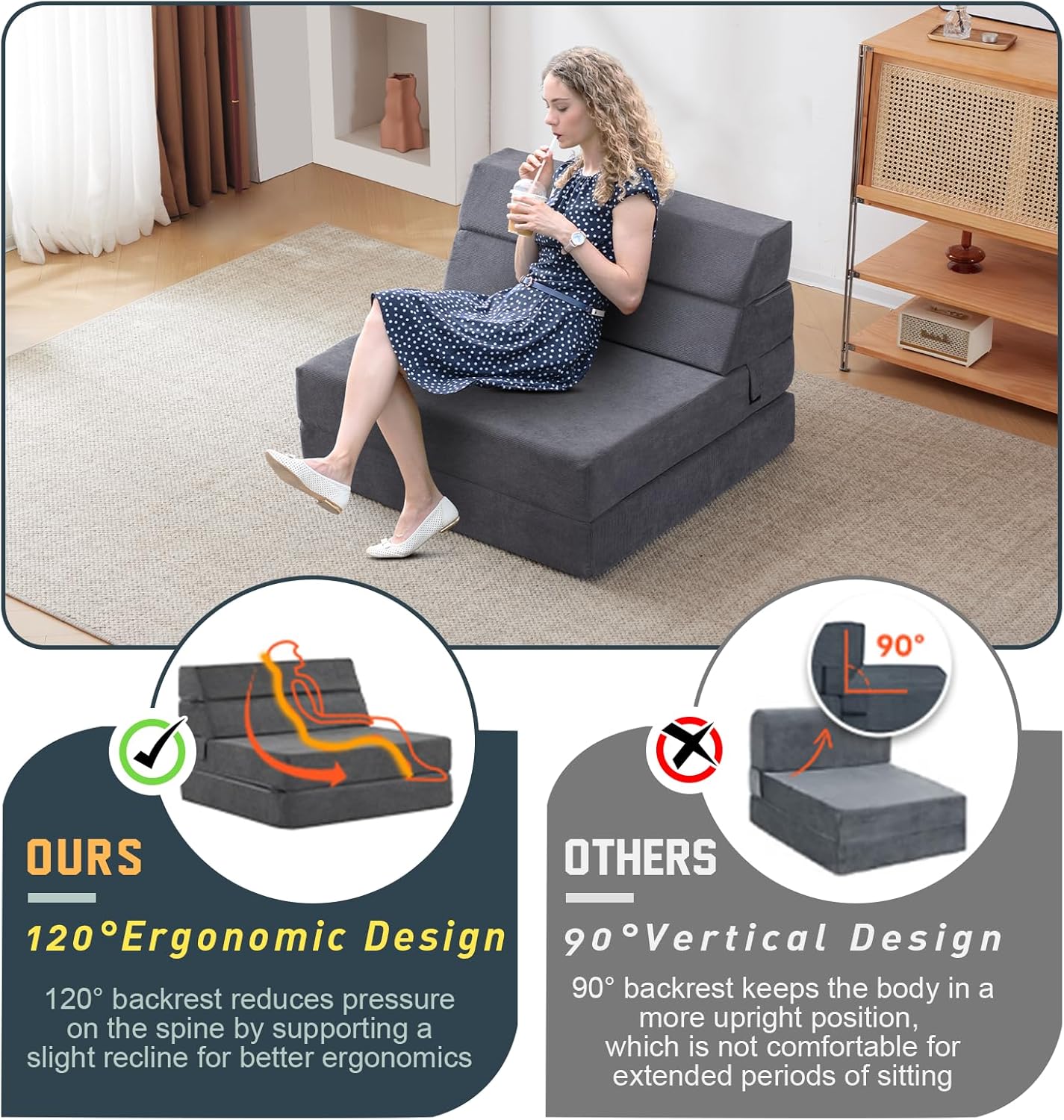 jela Foldable Sofa Bed Large Soft Foam Convertible Sleeper Chair Luxury Corduroy Fabric Fold Out Chair Bed Floor Couch with Back Support Floor Sofa for Living Room Bedroom (83"x33",Darkgrey)