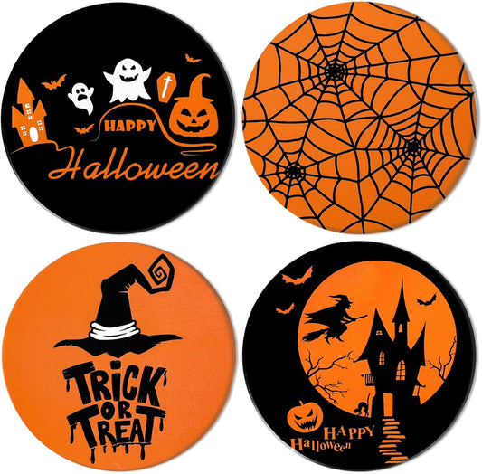 4Pcs Halloween Coasters Orange Black Round Ceramic Coaster Trick or Treat Heat-Resistant Cup Mats for Wooden Table Protection Home Party Supplies