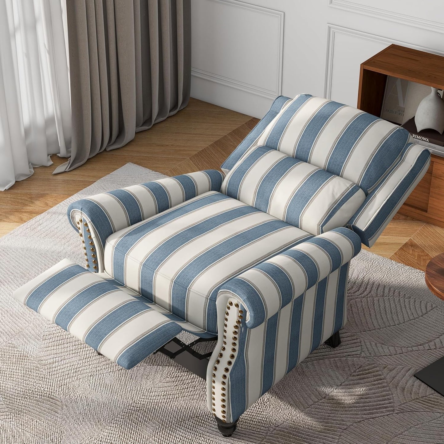 UIXE Pushback Recliner Chair Push Back Accent Chair, Fabric Overstuffed Armchair for Living Room, Rivet Trim Club Chair Home Theater Single Sofa Bedroom Reading Seat - Stripe Navy