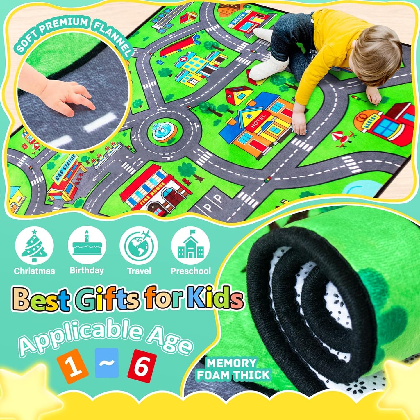 Kids Rug, City Road Rug for Kids,6x9 Ft Car mats for Toy Cars, Realistic Colors Perfect for Children and Baby Play Mat, Non-Slip Classroom Carpet
