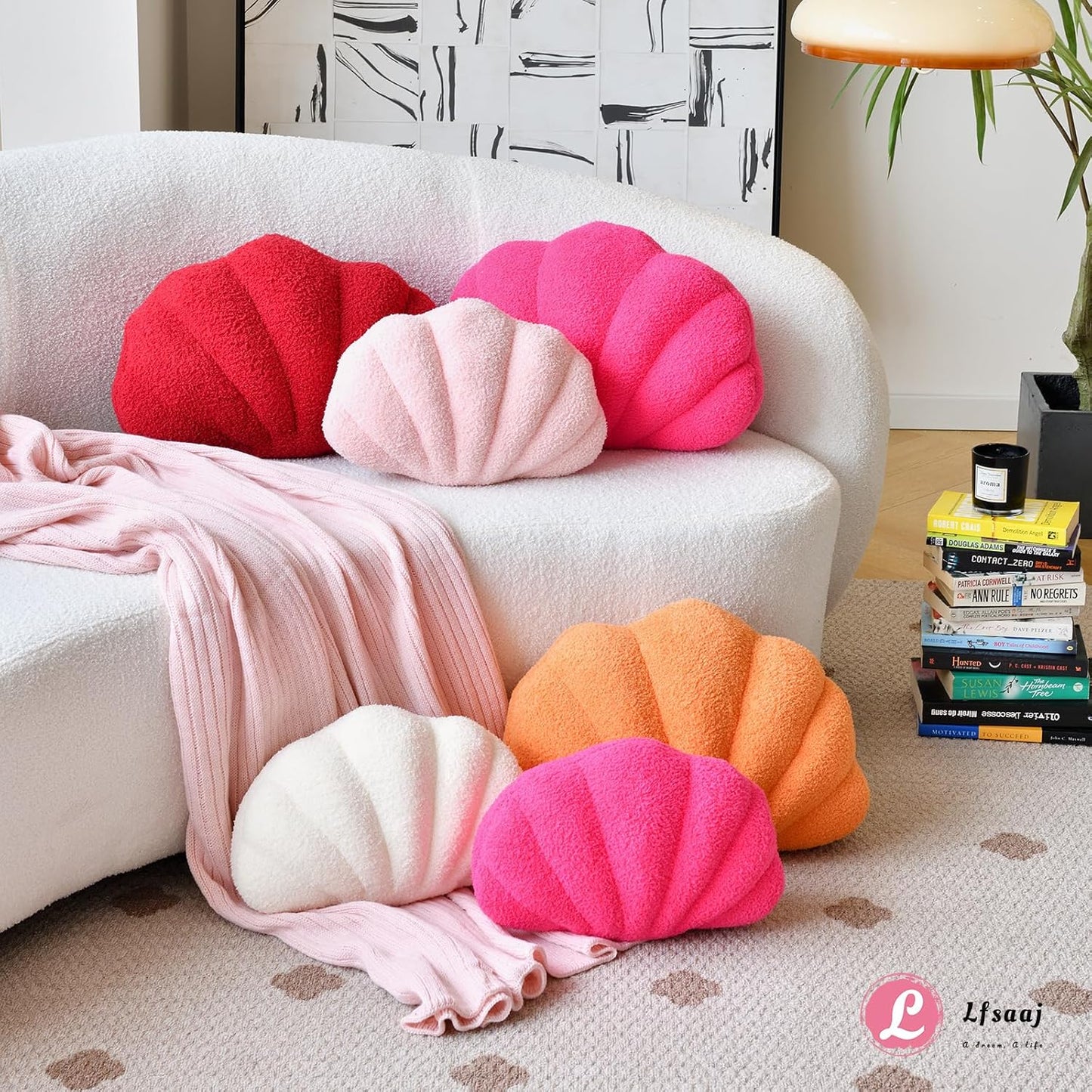 Seashell Throw Pillows, Shell Shaped Throw Pillows, Soft Home Decorative Pillow Plush Cushion for Bed Couch Living Sofa Room Decor Accent Throw Pillow (13x10 Inch, Pink Purple)