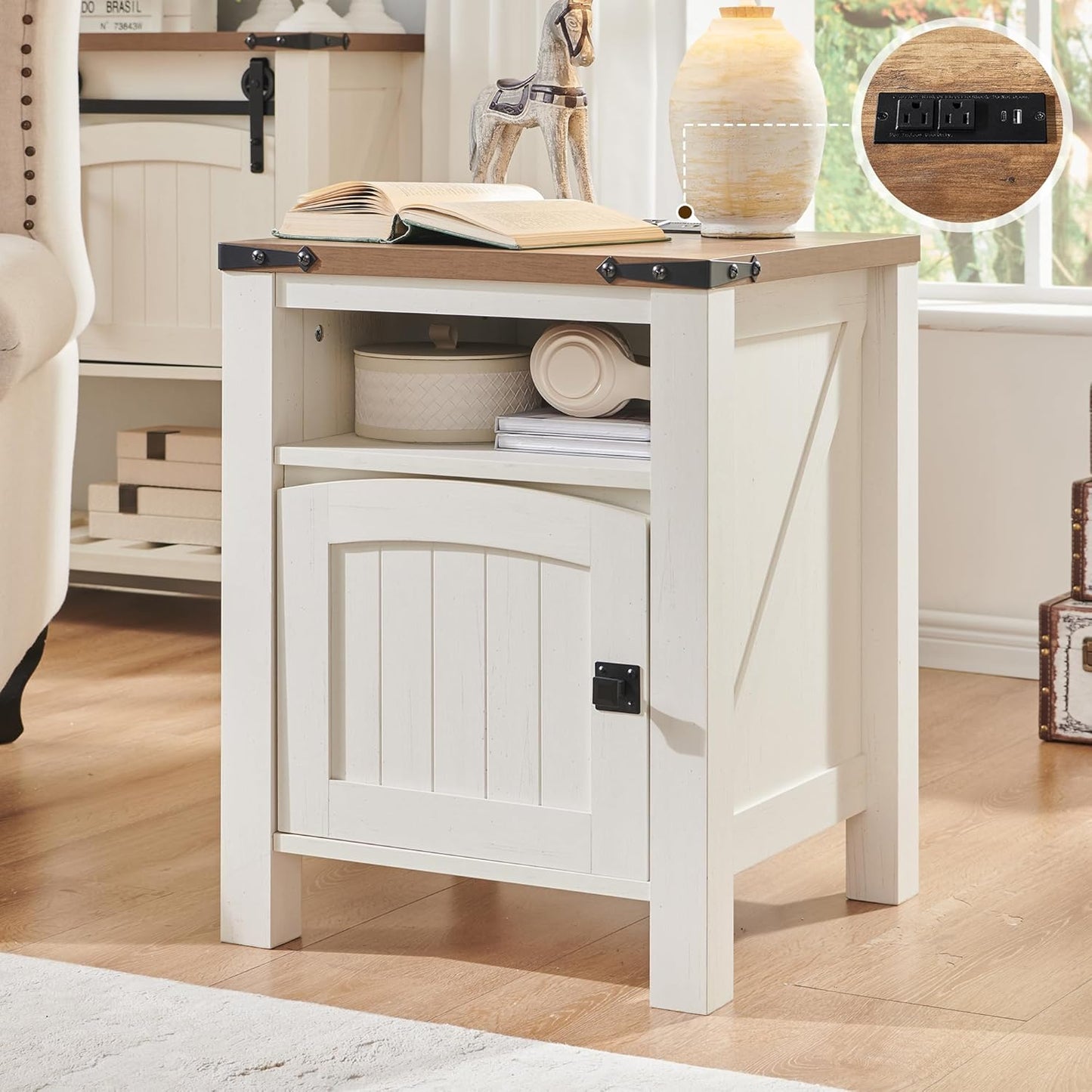 OKD Farmhouse Nightstand with Charging Station, 18" Rustic End Table with Adjustable Storage Shelf, Wood Rustic Wood Sofa Side Table for Bedroom