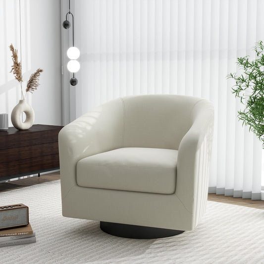 Swivel Barrel Accent Chair, Modern Round Linen Arm Chair for Living Room, Bedroom, Comfy Club Reading Chairs for Adults（Linen Fabric, Beige, Set of 1
