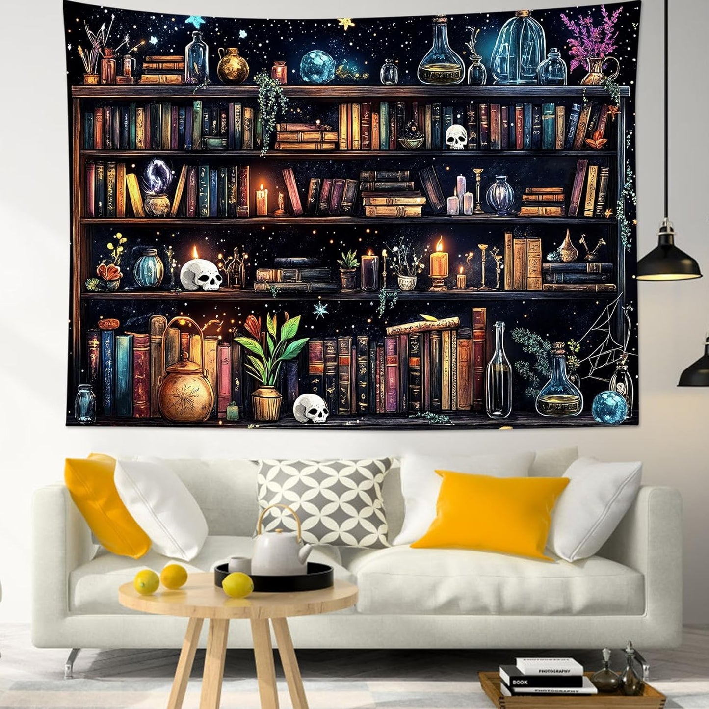 HVEST Magic Bookshelf Tapestry Vintage Bookshelf Witchy Books Plant Skull Gothic Halloween Tapestry Wall Hanging Starry Sky Wall Decor for Bedroom Living Room Dorm, 40L x 60W Inches