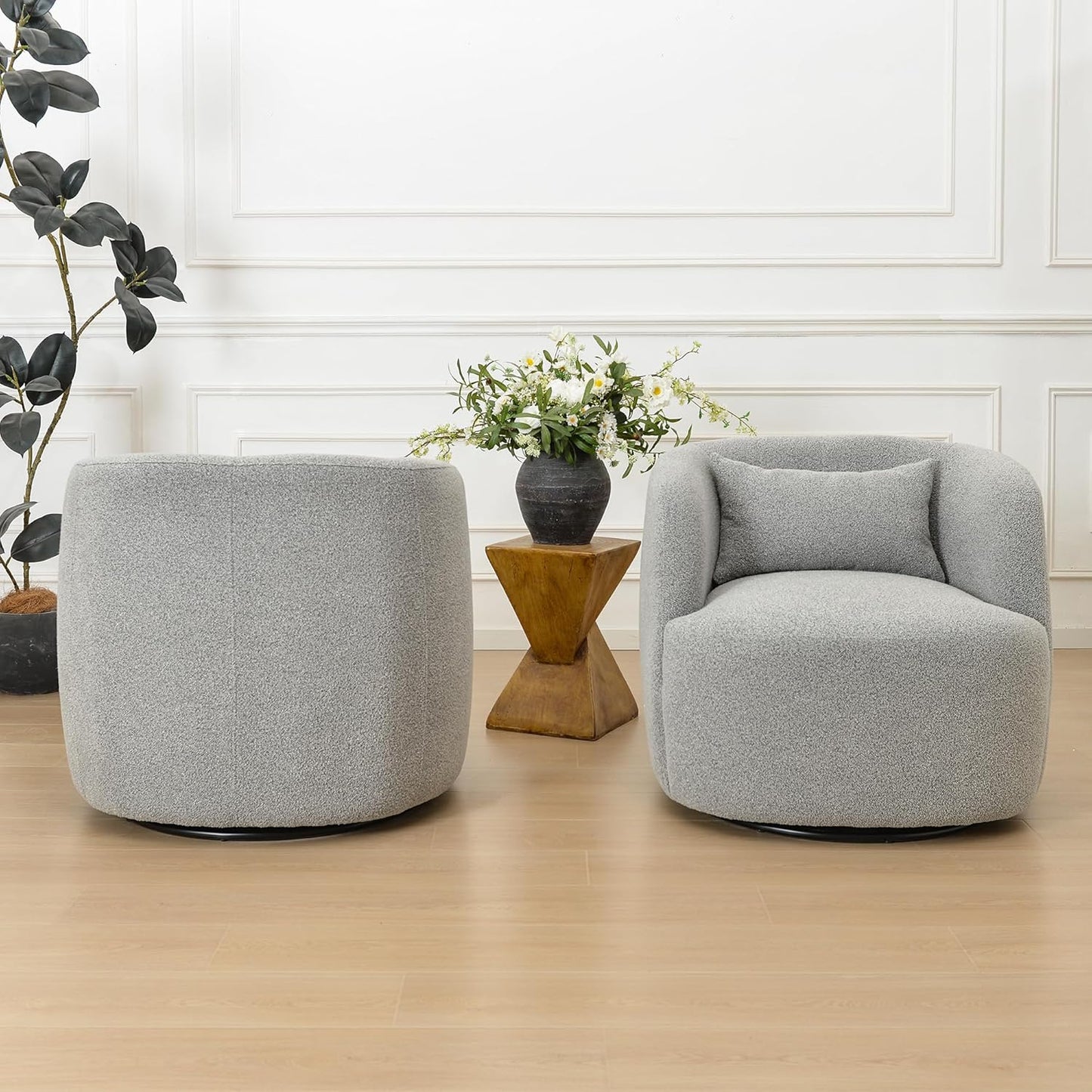 KINWELL 34" Wide Sherpa Swivel Barrel Chairs Set of 2, No Assembly Round Boucle Upholstered Accent Chairs Armchairs Single Sofa Chair with Toss Pillow for Living Room and Bedroom, Gray