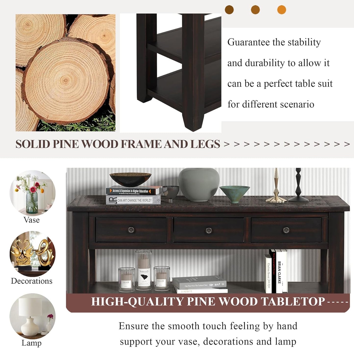 Solid Wood Console Table,Sofa Table with Storage Drawers and Bottom Shelf,Entryway Table for Entry Hallway Foyer,Fully Assembled (48.8" Distressed Black)