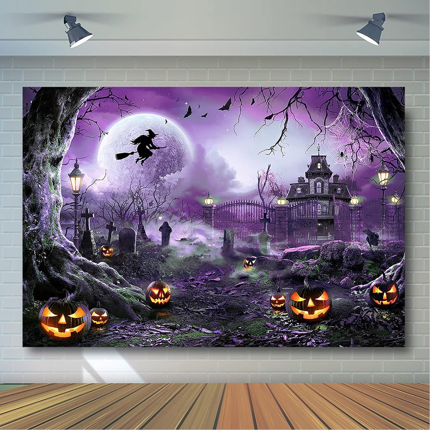 Avezano Halloween Photography Backdrop Full Moon Scary Night Castle Pumpkins Party Background Spooky Witch Bats Cemetery Child Kids Halloween Party Decorations Photoshoot Backdrops (8x6ft, Purple)
