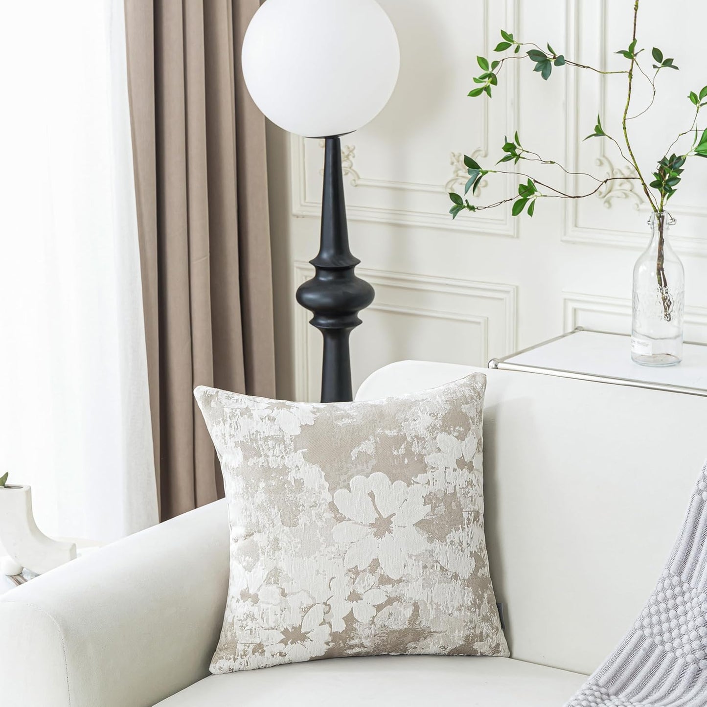 Jacquard Throw Pillow Covers 18x18 Inch Set of 2 - Vintage Floral Boho Pillow Cases with Botanical Pattern | Farmhouse Decor for Couch | Soft Textured Neutral Trio Light Khaki Warm Beige 18" x 18"