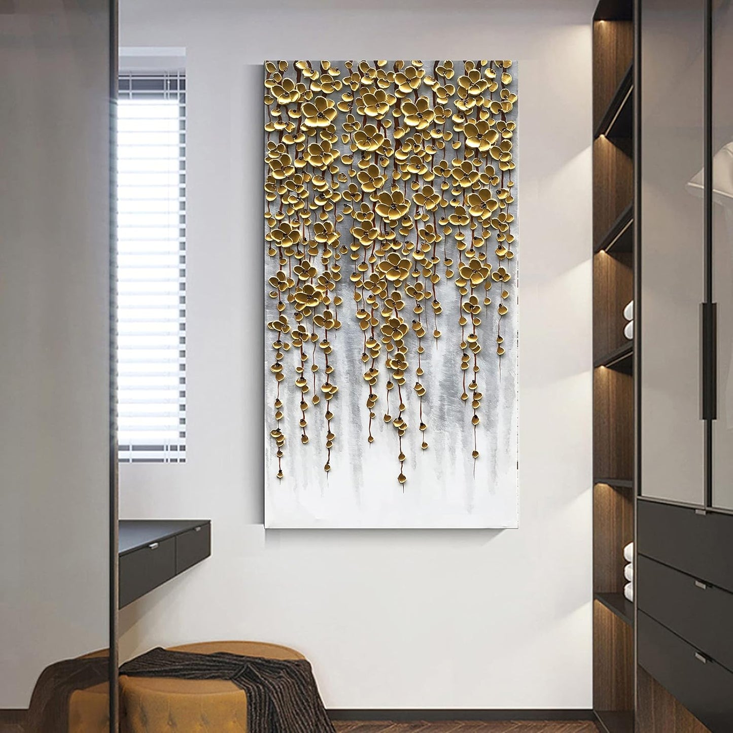 3D Vertical Abstract Canvas Oil Painting Wall Art, 116x57cm Golden Flower Painting Wall Art, Home Living Room Wall Decoration Abstract Painting Art