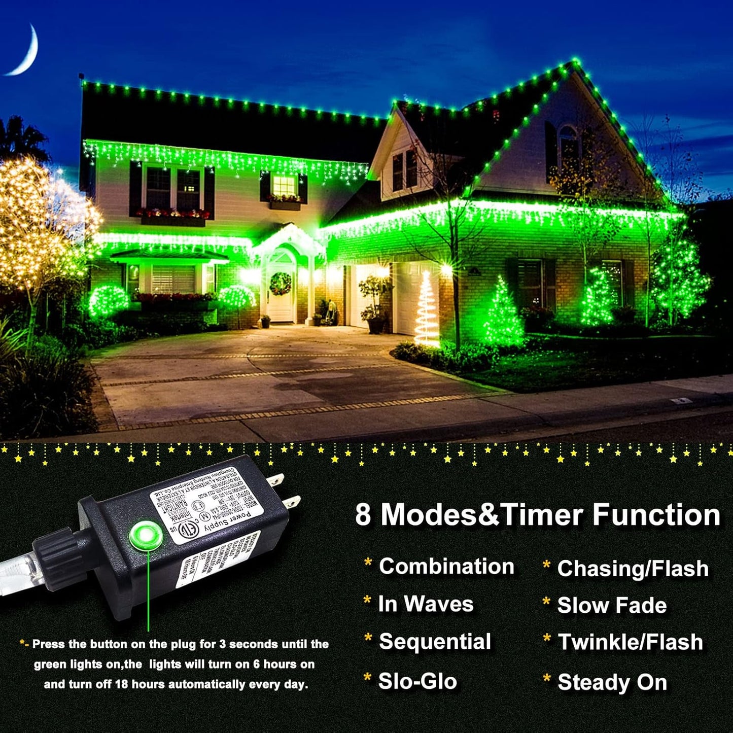 400 LED Icicle Christmas Lights Outdoor - 33FT Icicle Lights for Outside 8 Modes with 75 Drops, Plug in Waterproof Connectable Fairy String Lights for Indoor Holiday Party Christmas Decoration,Green