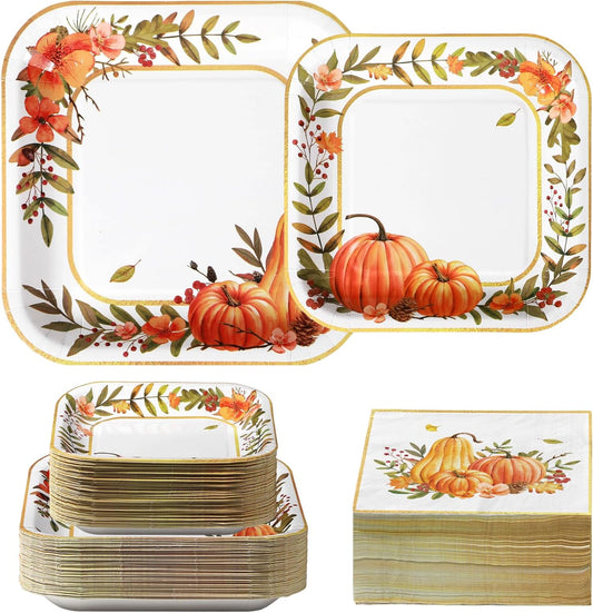 Grencian 200Pcs Fall Plates and Napkins Thanksgiving Plates Pumpkin Flower Wreath Plate Disposable Pumpkin Tableware Fall Party Supplies for Autumn Harvest Thanksgiving Party Decorations, Serves 50
