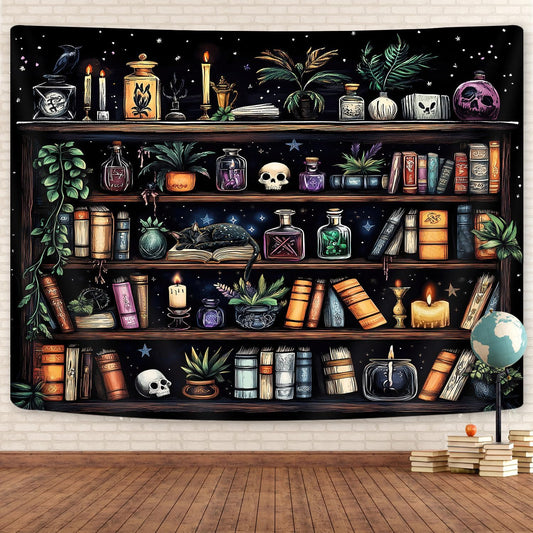 Bookshelf Tapestry Magical Library Witchy Tapestries, Vintage Fantasy Dark Bookshelf Hippie Cool Wall Tapestries Gothic Skull Black Cat Book Aesthetic Decor for Study Classroom, 60X40