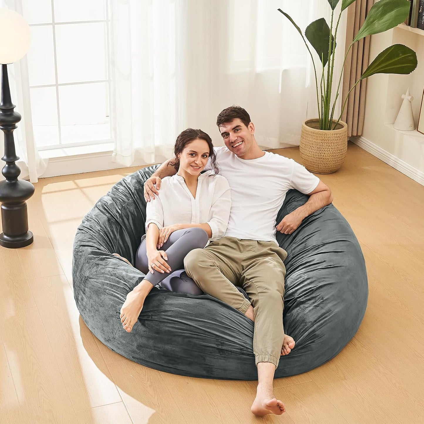 Bean Bag Chairs for Adults - Memory Foam Furniture BeanBag Chair - Kids/Teens Sofa with Soft Micro Fiber Cover - Round Fluffy Couch for Living Room Bedroom College Dorm - 5 ft, Grey