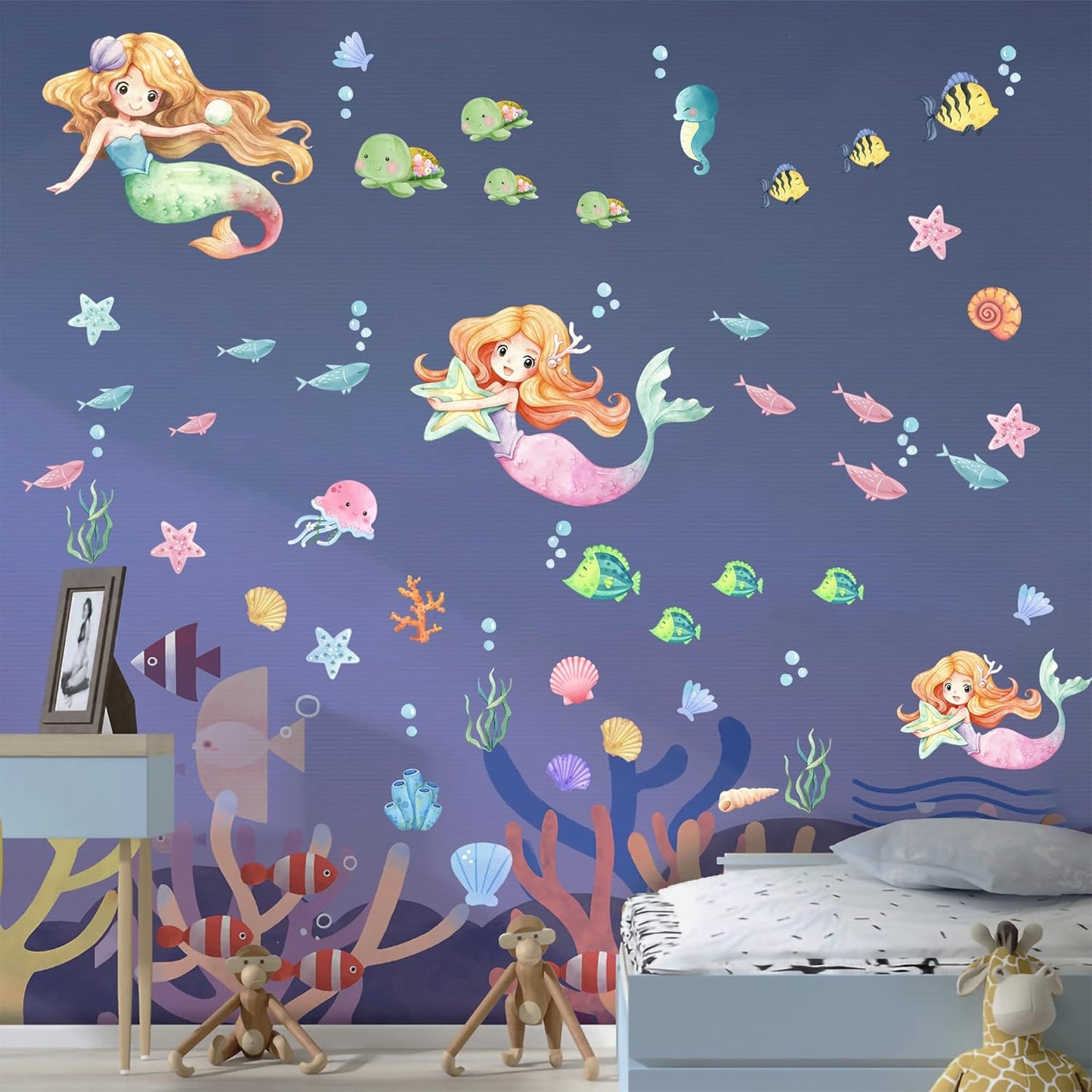 Glow in The Dark Stars Mermaid Wall Decals, Turtle Ocean Fish Stickers for Ceiling, DIY Wall Decor for Nursery Playroom Living Room, Birthday Christmas Gift