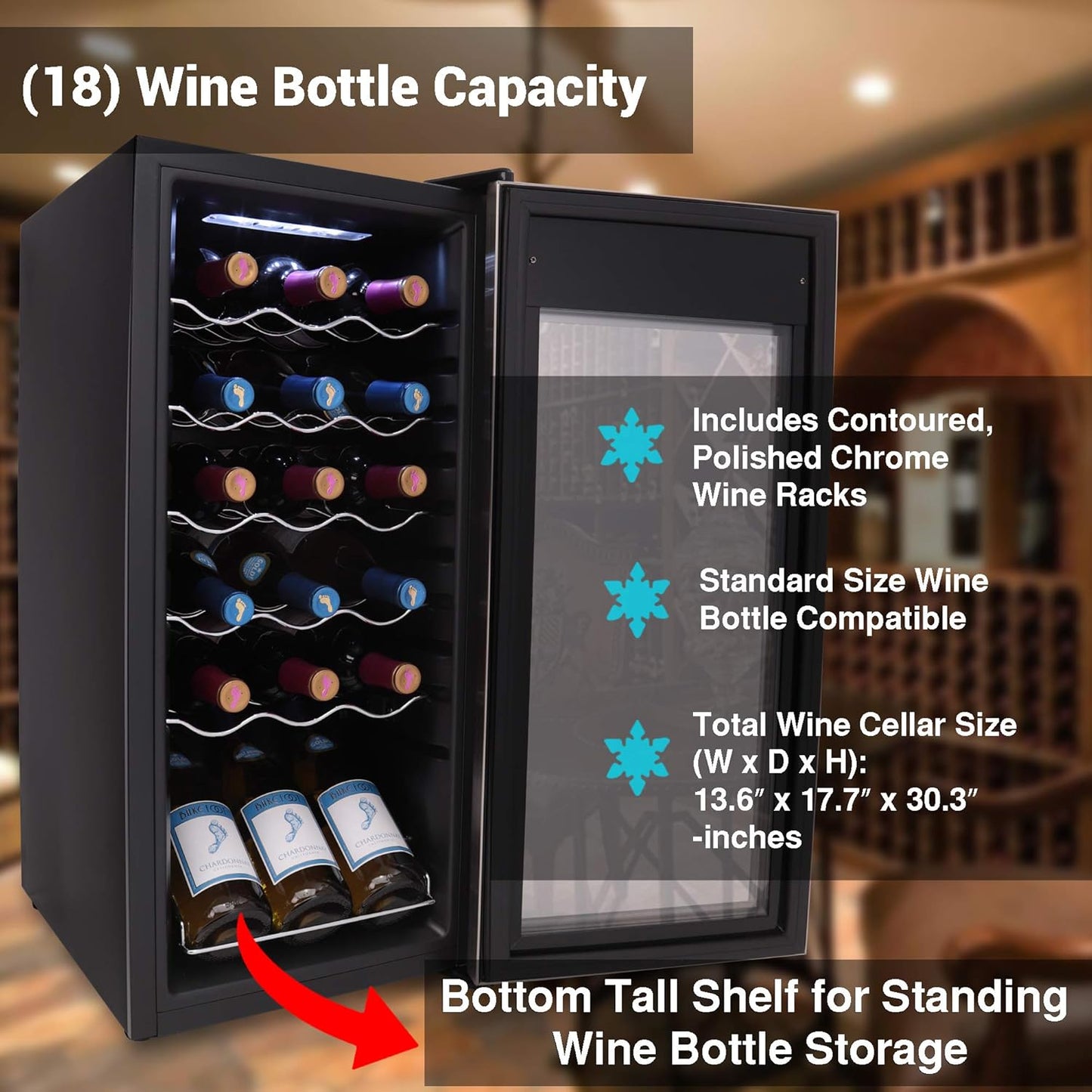 NutriChef PKCWC18 Slim Wine Fridge 18 Bottle Mini Beverage Chiller Adjustable Temp Control, 30x13x17 IN, Black
