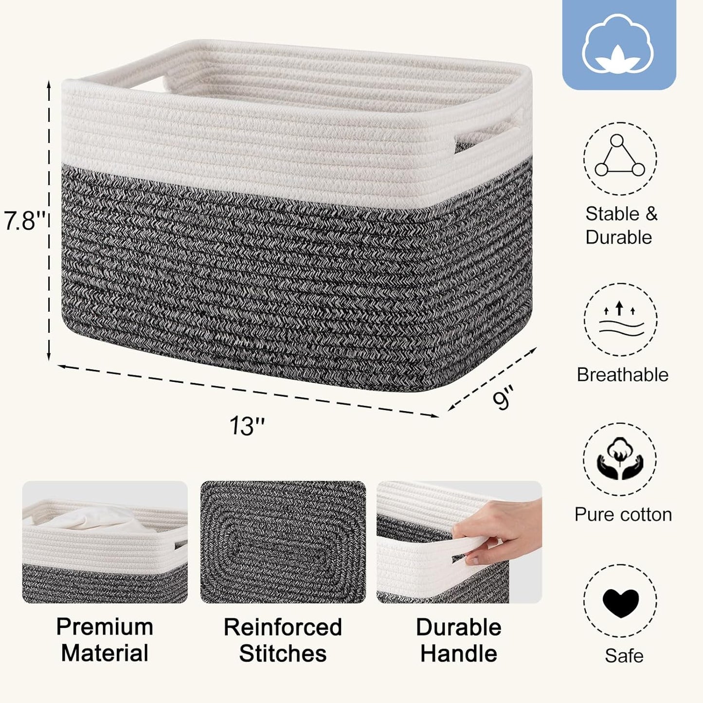 4 Pack Storage Baskets for Organizing, Woven Baskets for Shelves - Perfect for Toys, Books, Towels, and Clothes, Durable Gift Basket Bins Toy Storage, 13''Lx9''Wx7.8''H, Black & White