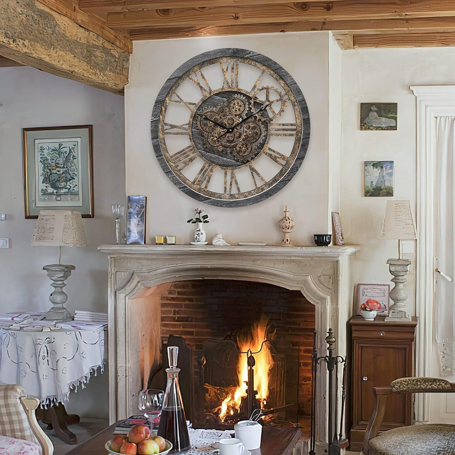 HOIBAI Wall Clock, Large Wall Clocks for Living Room Decor 18 Inch Battery Operated Silent Non-Ticking Modern Farmhouse Vintage Roman Big Wall Clock for Home Bedroom House Office, Moving Gears Clock