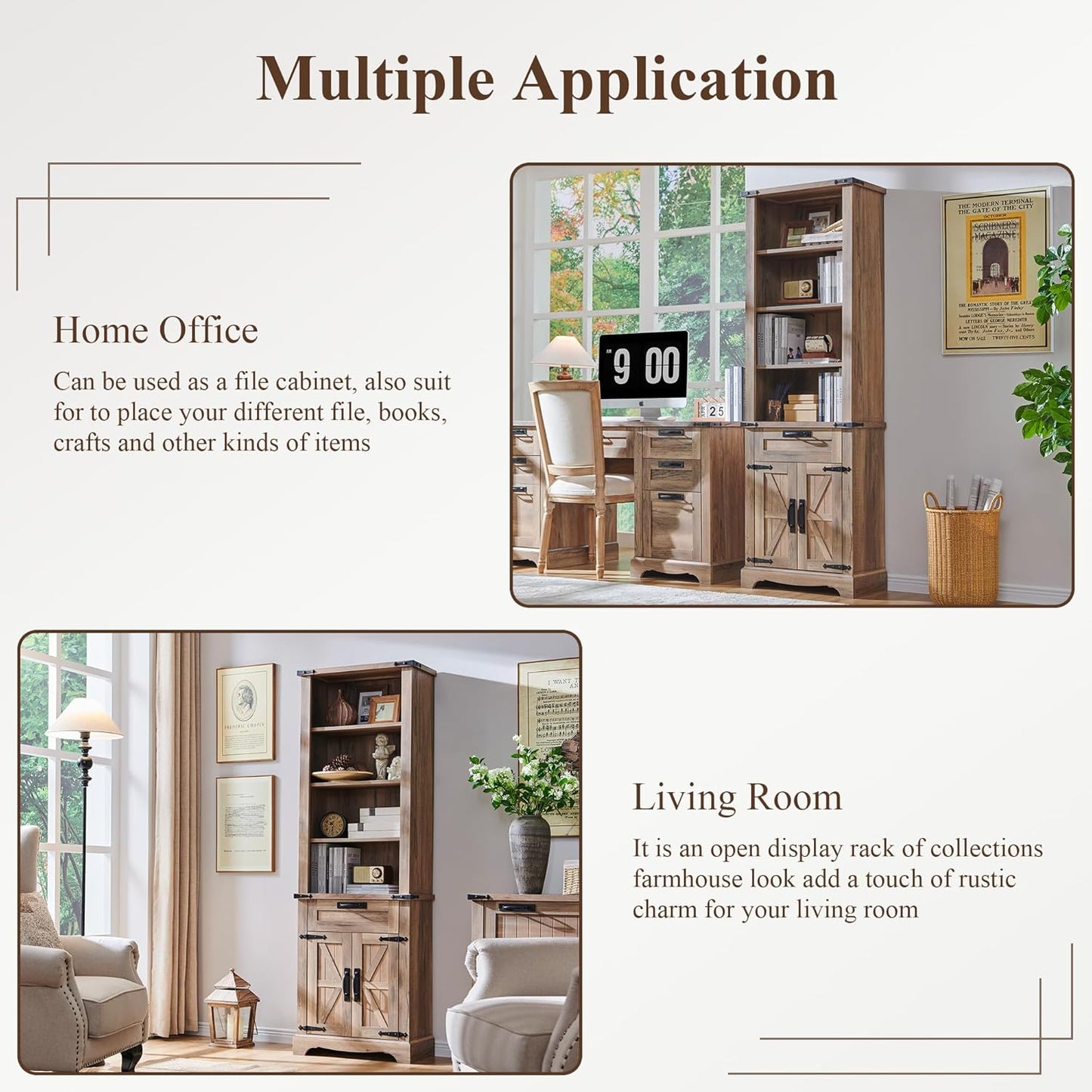 RedLemon Bookshelf with Storage Cabinet, 72" Tall Farmhouse Bookcase with Adjustable Shelves and Barn Door, 4 Tier Office Wood Bookshelf with Retro Metal Handles for Office, Library (Natural Oak)