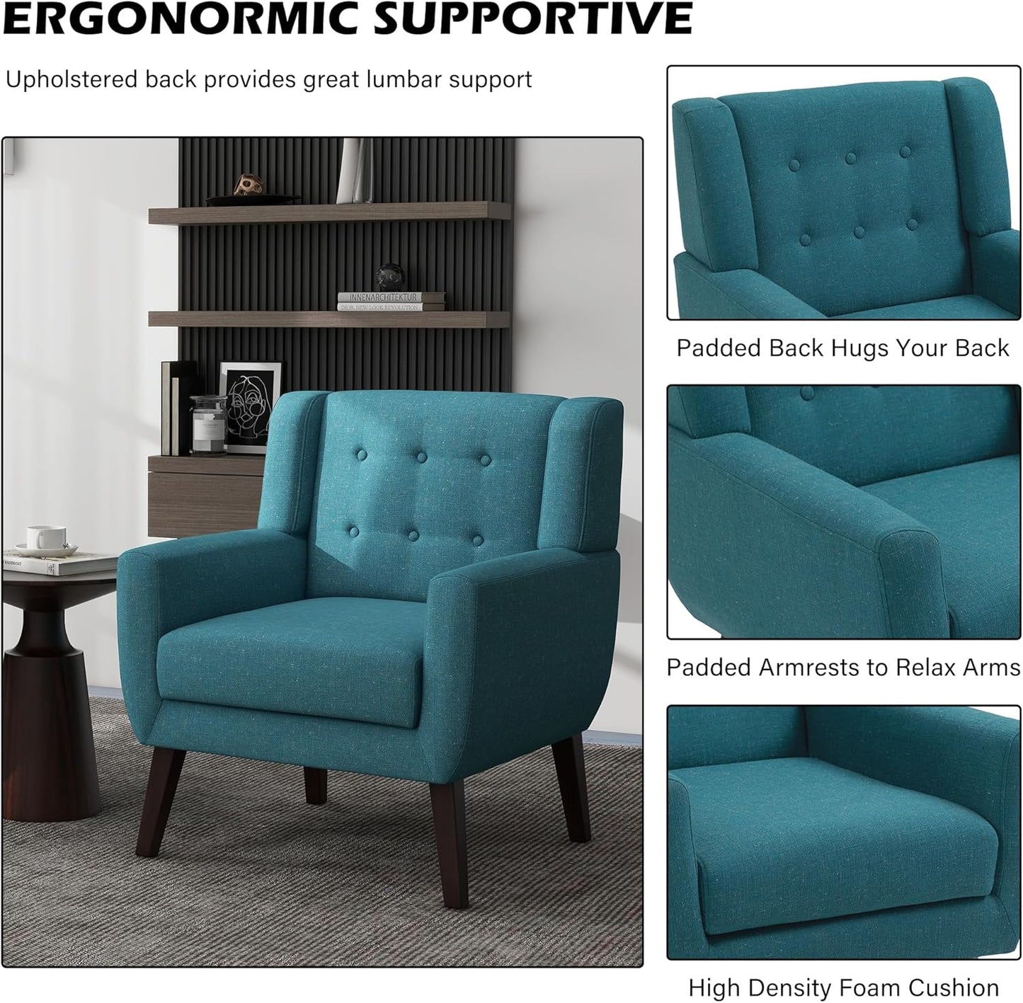 UIXE Accent Chair, Modern Upholstered Armchair in Fabric for Living Room, Comfy Club Arm Chairs Single Sofa Button Tufted Bedroom Reading Seat - Turquoise Blue, Set of 2