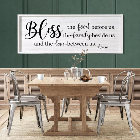 Bless the Food Before Us, the Family Beside Us, and the Love between us Framed Wall Art for Dining Room, 40''×15'' Holy Positive Religious Rustic Bible Verse for Christian God Jesus Christ Prayer