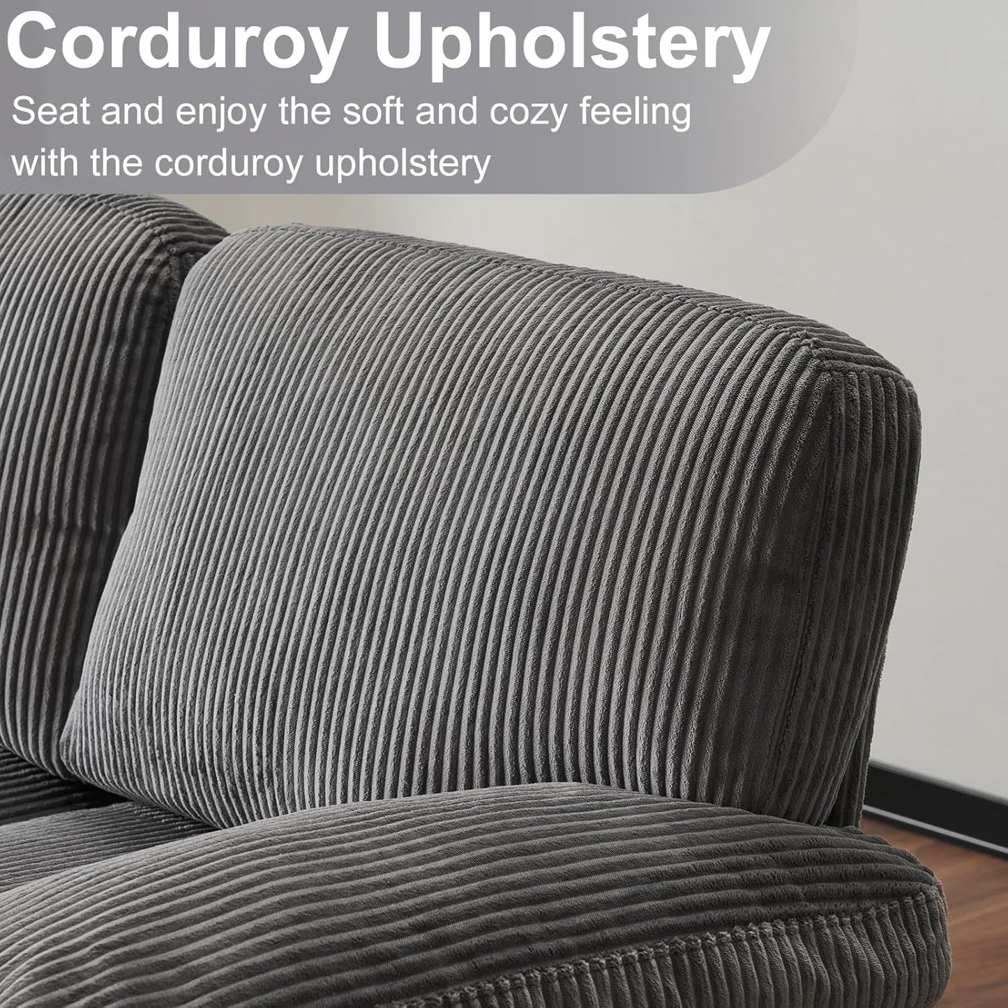 Karl home U-Shape Sectional Sofa Couch 111" Modern 4-Seat Sofa with Chaises Corduroy Fabric Upholstered Covertible Couch with Wood Grain Legs for Living Room, Reception Room, Apartment, Dark Gray