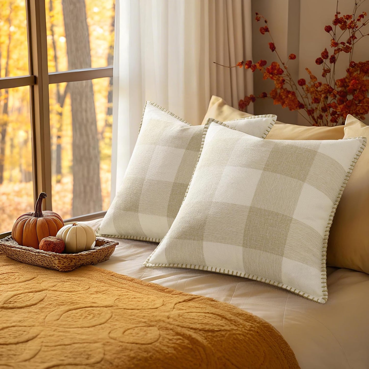 decorUhome Buffalo Plaid Check Fall Throw Pillow Covers 22x22 Set of 2, Outdoor Decorative Farmhouse Pillow Covers with Stitched Edge for Bed Couch Sofa, Cream White and Beige