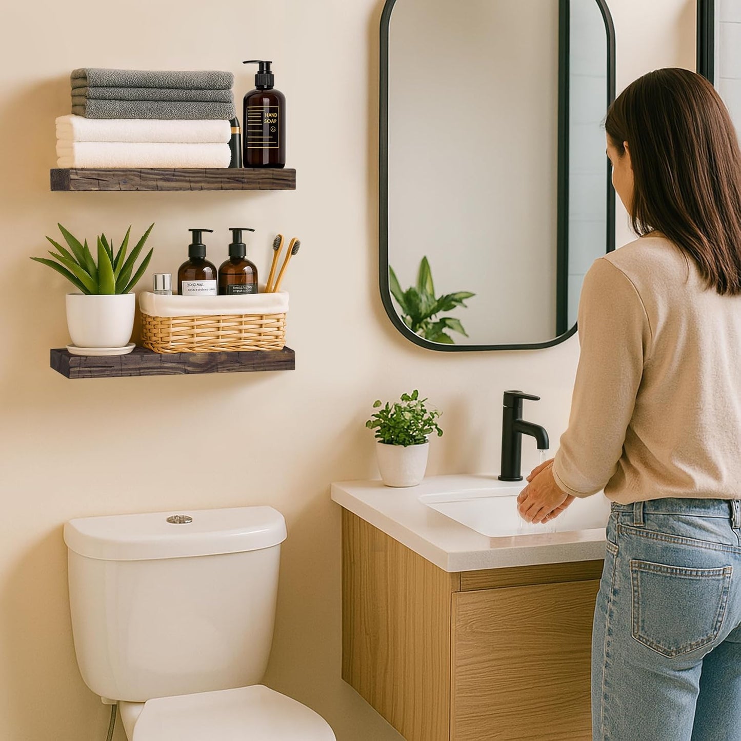 BGMG Floating Shelves 16 inch Long, Distressed,Wide Rustic Wooden Wall Shelves for Bathroom Living Room Bedroom Kitchen Farmhouse Set of 2-16x6.7x1.25 inch-Distressed Walnut