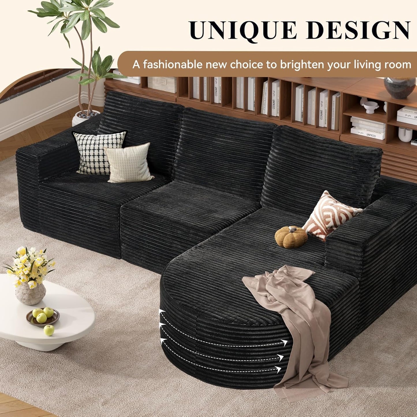 Modular Sectional Sofa with L-Shape Chaise,Cloud Sectional Modern Sleeper Couch with Deep Seat,Sponge Compression Sofas No Assembly Required (Black-Sherpa Fabric) 1PCS