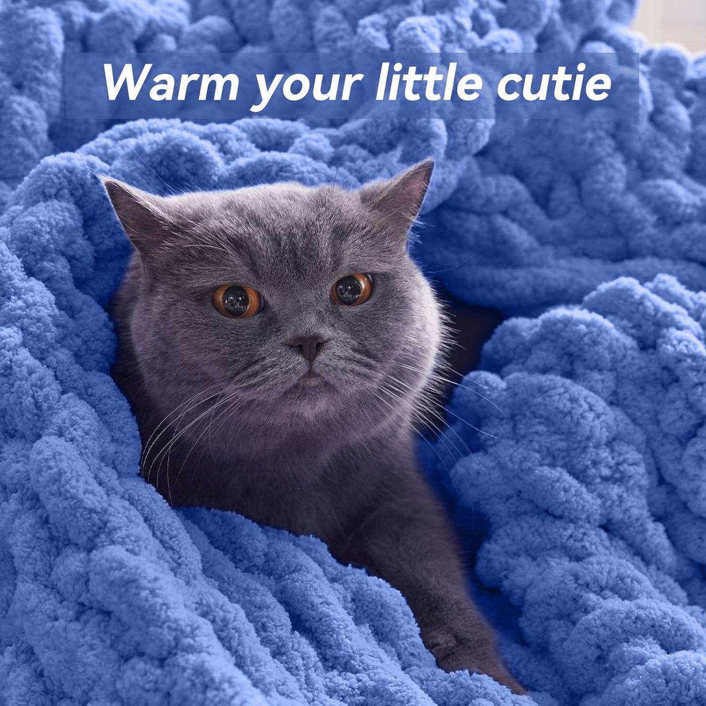 Chunky Knit Throw Blanket, 40''*50'' Knitted Throw Chenille Yarn for Bed Couch, Handmade Light Blue Crochet Big Thick Blanket, Machine Washable Cute Comfy Blanket for Home Decor