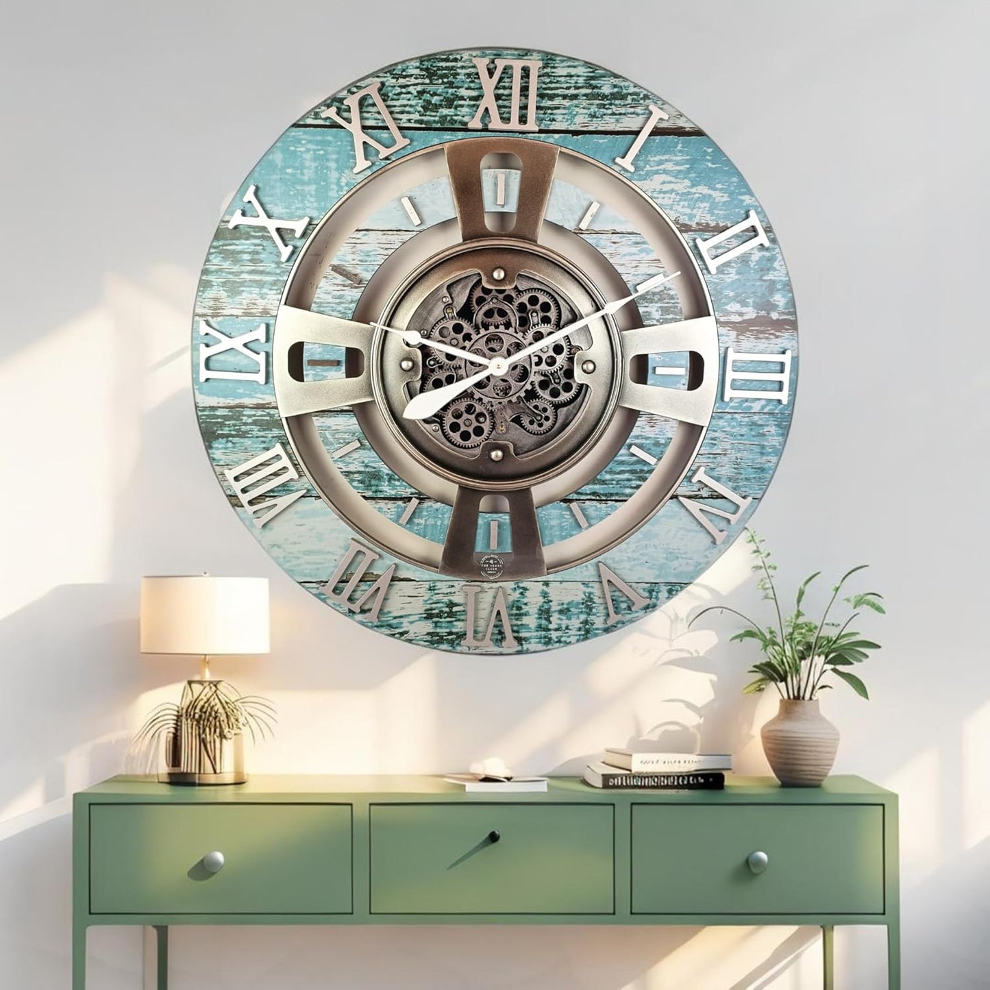 The Gears Clock Real Moving Gear Wall Clock England Line (Aqua Green, 24 inches (60 cm))