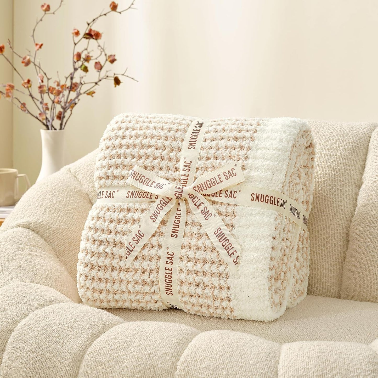 Snuggle Sac Cream Waffle Throw Blanket for Couch Bed Sofa 50x60 inches, Reversible Beige Blanket Microfiber Fluffy Fuzzy Cozy Knit Soft Throws for Women Mothers Birthday Gifts