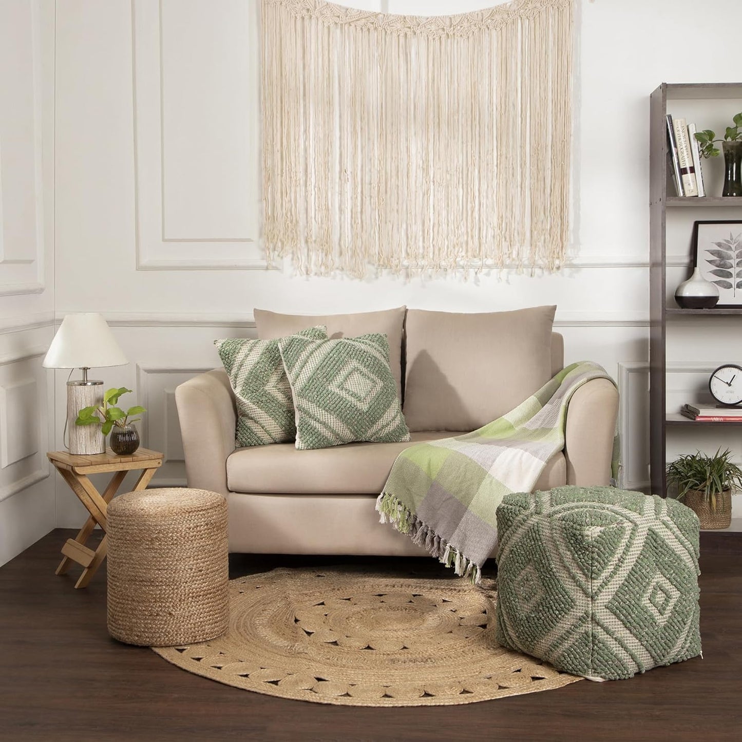 REDEARTH · Tufted Pouf Ottoman with Filler Textured Storage Cube Bean Bag Pouffe Footrest for Living Room, Bedroom, Nursery, Kidsroom; 100% Cotton (17.5"X17.5"X17.5", Solitaire Lozenge Kiwi)