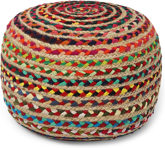 REDEARTH Round Pouf Ottoman - Braided Boho Poof Home Décor Pouffe Accent Sitting Circular Foot Rest for Living Room, Bedroom, Nursery, Kidsroom, Lounge; Jute and Cotton (19.5"x19.5"x14"; Multi)