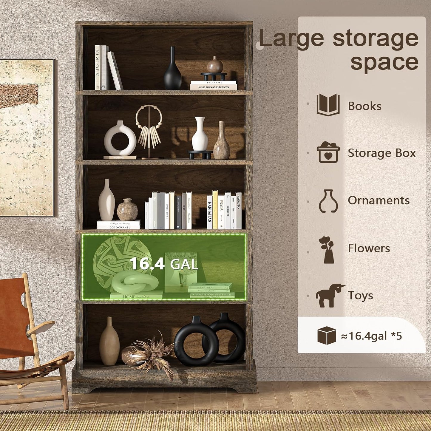 TVU 5-Shelf Wood Bookcase, 65 Inch Tall Bookshelf with Storage, Floor Standing Display Book Shelf, for Living Room Bedroom Study Office, Rustic Brown