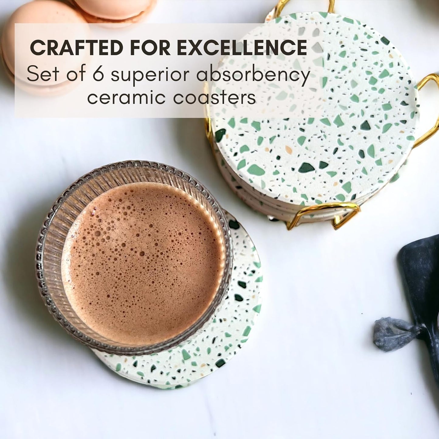 Green Terrazzo Drink Absorbent Coasters with Holder Set of 6, Ceramic Coaster for Drinks, Coffee Table Decor, Water Absorbing Stone Coaster for Drinks (Sage)