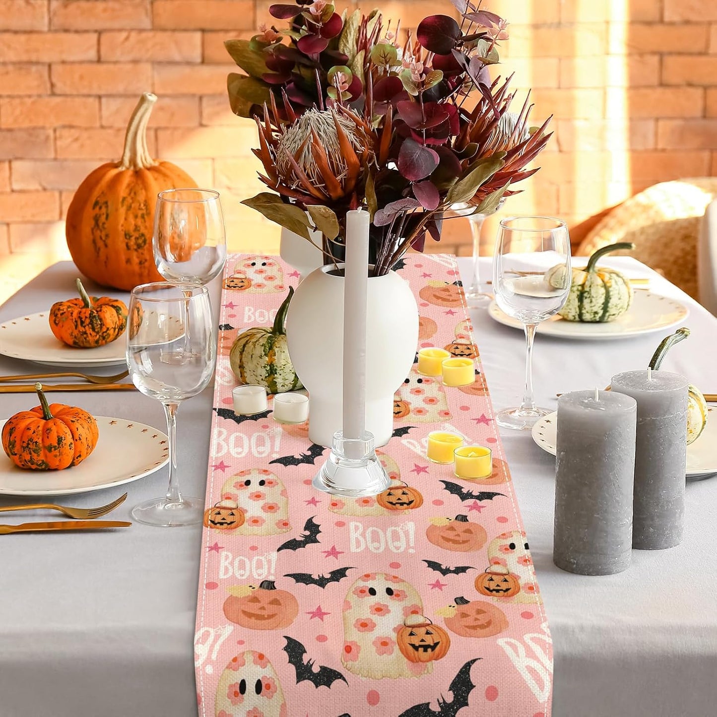 AnyDesign Halloween Table Runner Pink Spooky Ghost Pumpkin Table Cover Kitchen Dining Table Decoration Pink Halloween Table Dresser Scarves for Indoor Outdoor Home Party, 13 x 72 Inch