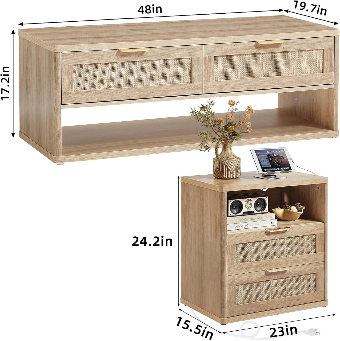 LEYAOYAO Boho Rattan Coffee Table and End Table Sets, 48" Wide Center Tables & 23" Night Stand with Charging Station Chest of Drawers, Natural Wood Coffee Table for Living Room 2 Piece Set