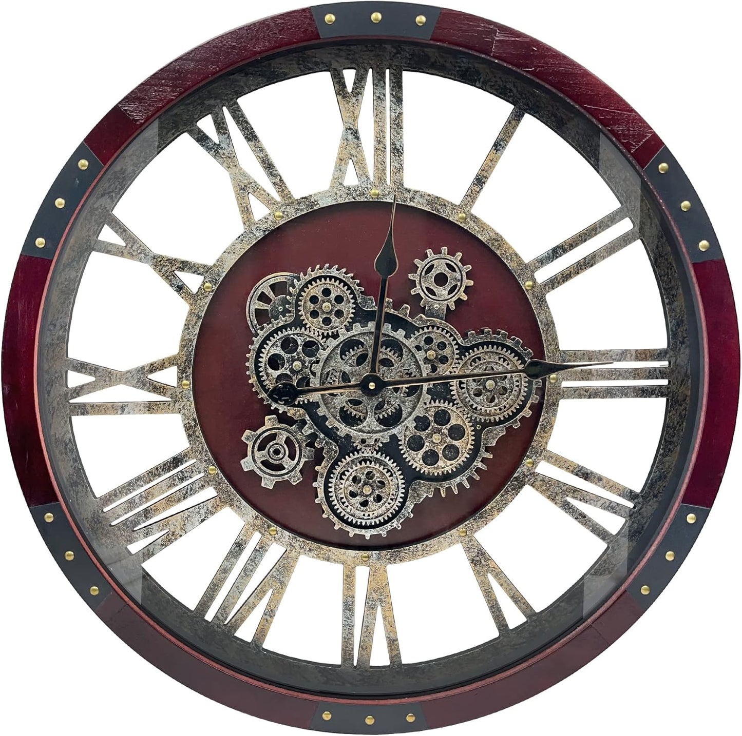 DORBOKER 36" Original Moving Gears Wall Clock, Large Industrial Wall Clock for Living Room Decor,Oversized Wood Vintage Farmhouse Steampunk Rustic Clocks for Wall Decor,Cherry Red