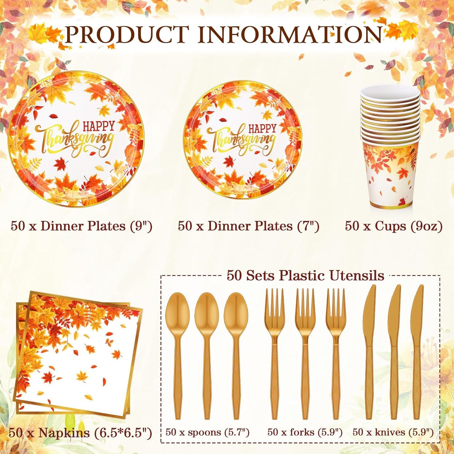 350 Pcs Thanksgiving Fall Party Supplies Maple Leaf Dinnerware Set Disposable Plates Napkins Paper Cups Plastic Cutlery for Autumn Thanksgiving Harvest Party Decor Serves 50(Maple Leaf)
