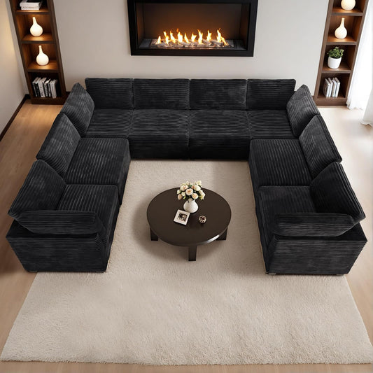 HOOOWOOO Modular Sectional Sofa,8 Pieces Sectional Couches for Living Room,131X98 L Shaped Cloud Couch with Ottoman Chaise Set(Black Velvet Corduroy)
