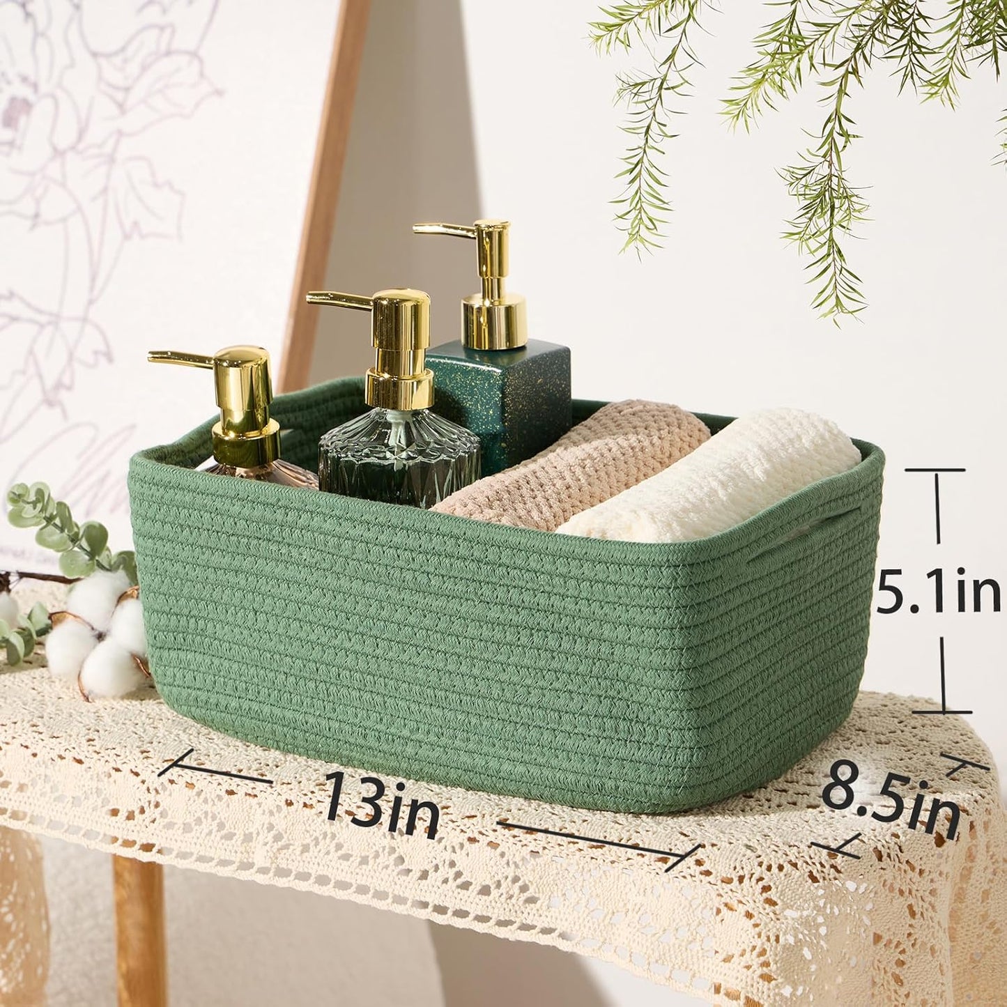Small Storage Baskets for Organizing | Closet Organizer Bins | Shelf Toy Basket | Woven Rope Baskets | Cube Decorative Box | Shallow Basket | 13x8.5x5.1” | 3 Packs Green