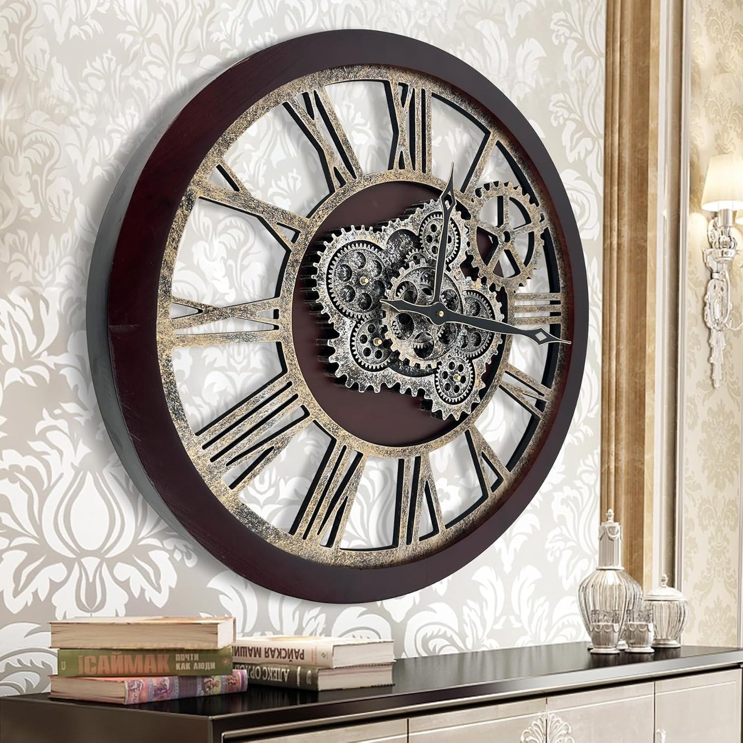 HOIBAI Large Wall Clock, Wall Clocks for Living Room Decor 30 Inch Farmhouse Vintage Rustic Kitchen Wall Decor Vintage Roman Oversized Wall Clock for Home Bedroom House, Moving Gears Clock