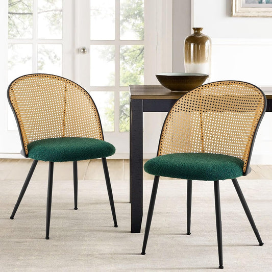 Rattan Dining Chairs Set of 2, Mid-Century Modern Kitchen Dining Room Chairs with Full Cane Backrest Armless Upholstered Farmhouse Boucle Dining Chairs with Metal Leqs for Dining Room, Green