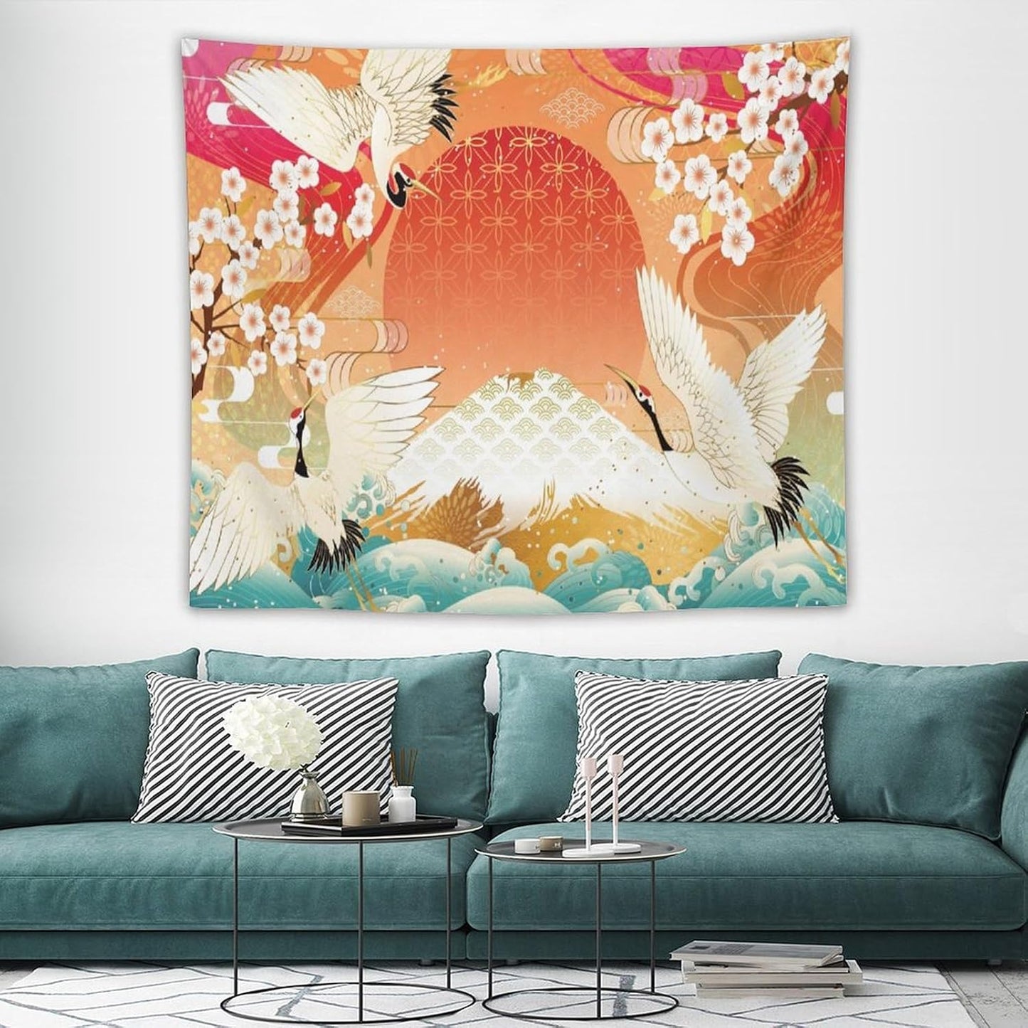 HZOHNAGO Japanese Tapestry Cherry Blossom Crane Sea Wave Fuji Mountain Red Sun Pattern Printed Wall Tapestry Painting Wall Hanging for Bedroom Living Room Dorm 60" W x 50" H