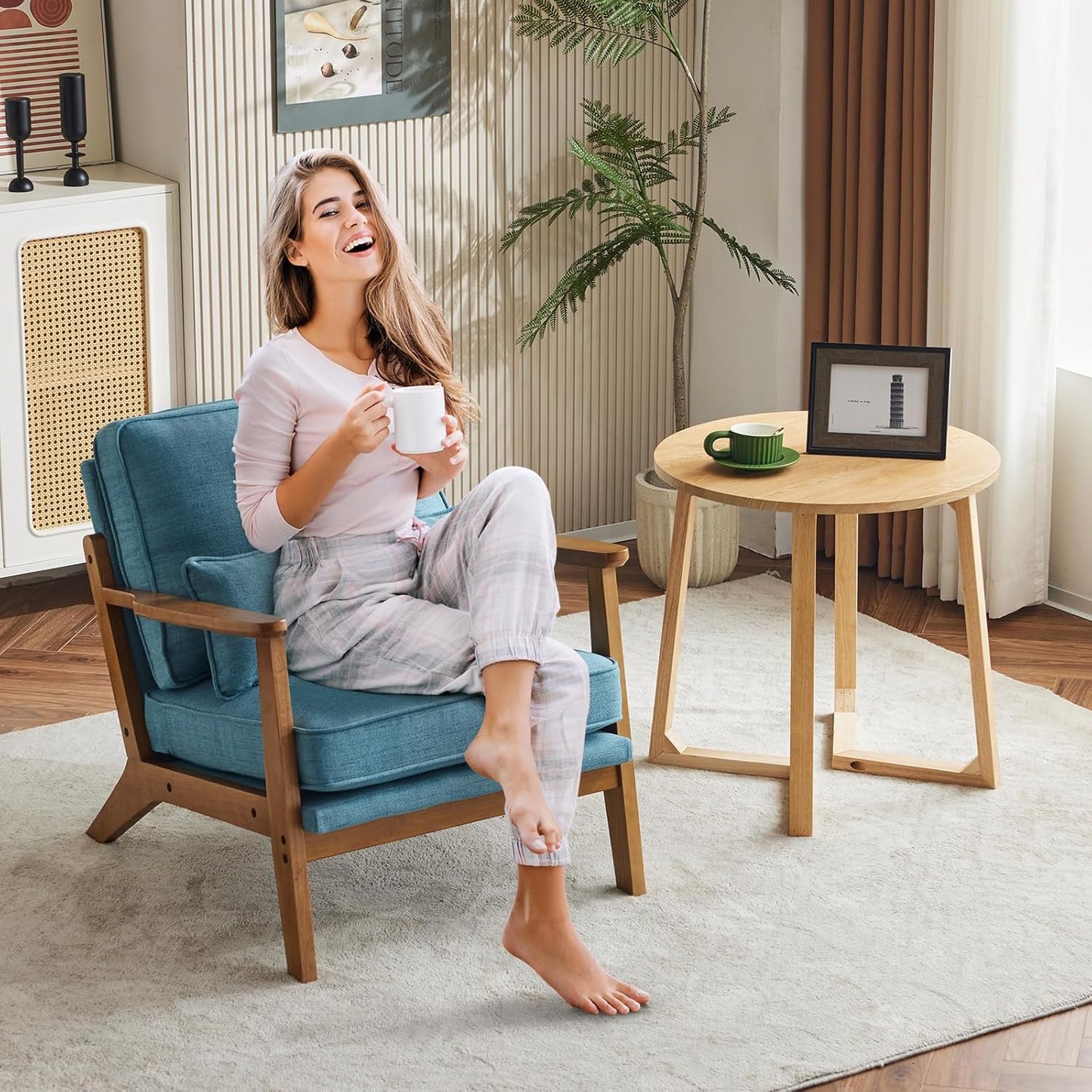 Karl home Accent Chair Wide Armrest Mid-Century Lounge Chair Linen Fabric Armchair with Lumbar Pillow & Solid Wood Frame for Living Room, Bedroom, Balcony, Cyan-Blue